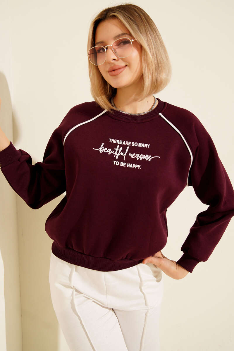 Biye Detaylı Baskılı Üç İplik Sweatshirt