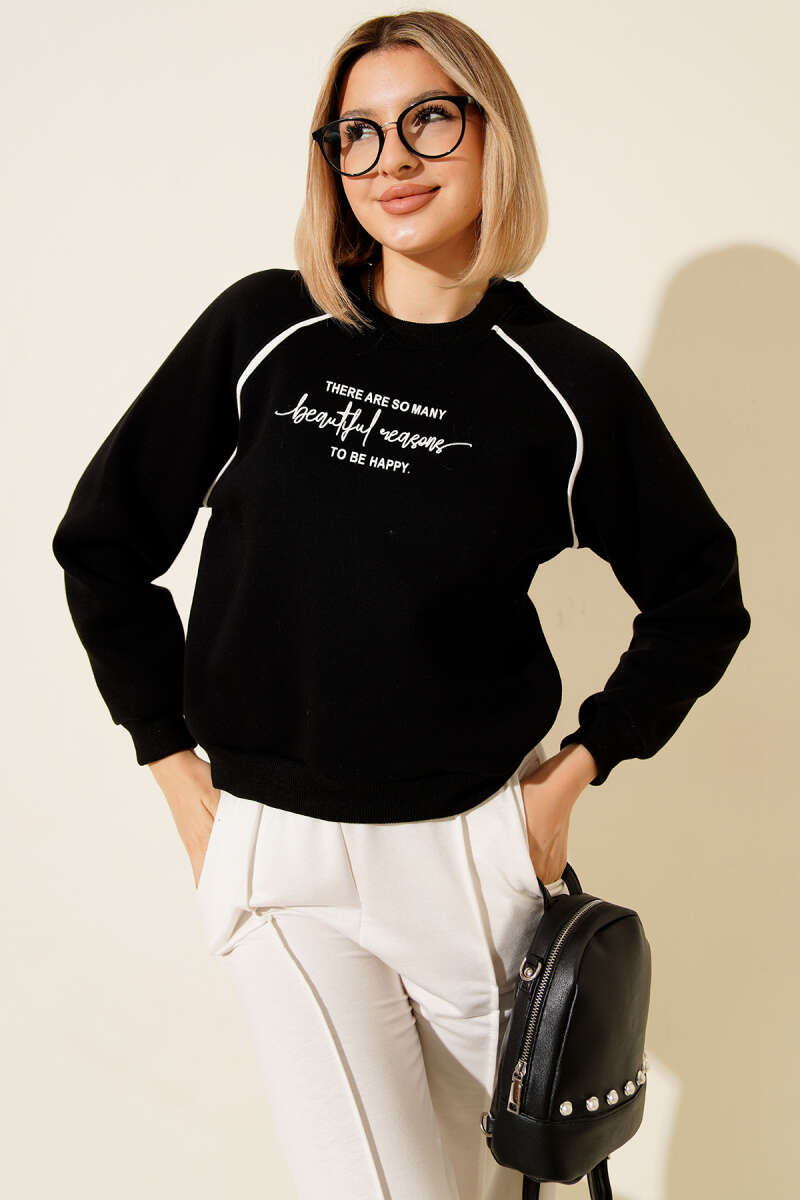 Biye Detaylı Baskılı Üç İplik Sweatshirt