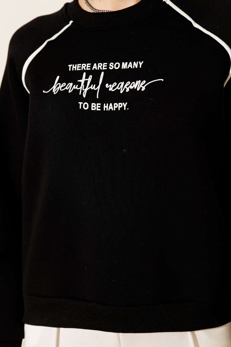 Biye Detaylı Baskılı Üç İplik Sweatshirt