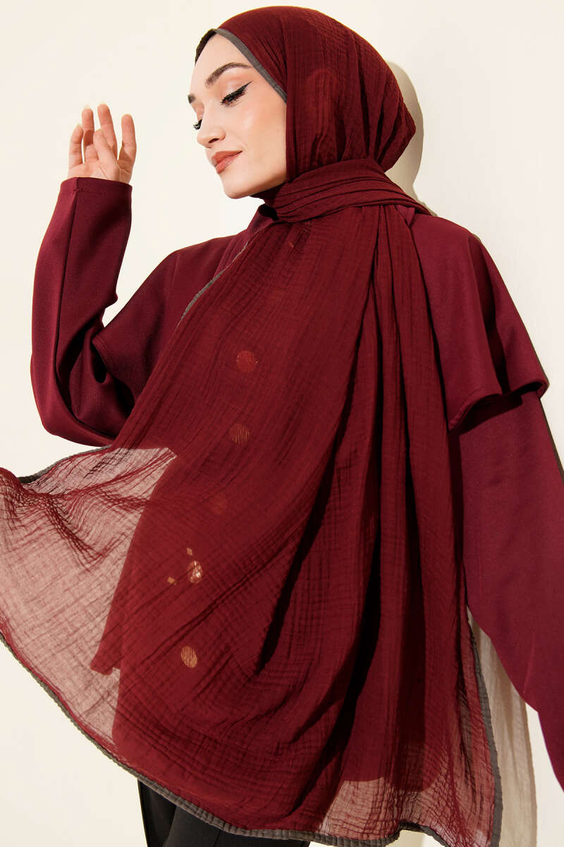 Biyeli Müslin Şal Bordo Füme
