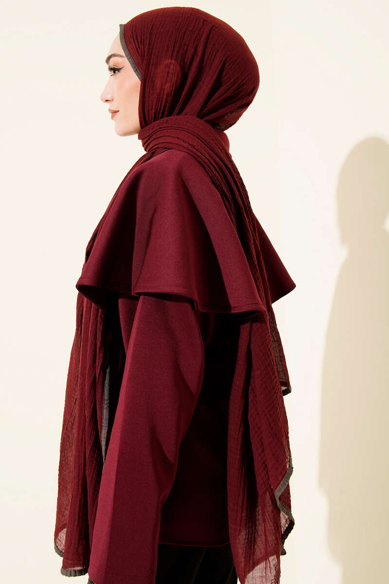Biyeli Müslin Şal Bordo Füme
