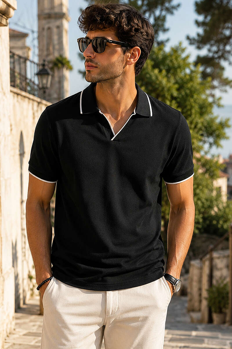 Biyeli Polo Yaka Erkek T-shirt Siyah