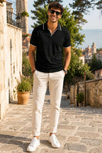 Biyeli Polo Yaka Erkek T-shirt Siyah
