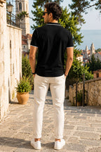 Biyeli Polo Yaka Erkek T-shirt Siyah