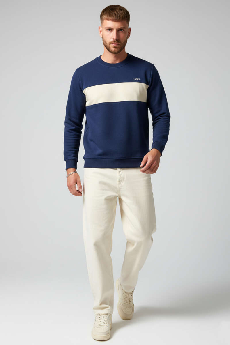 Blok Renkli Selanik Erkek Sweatshirt Lacivert