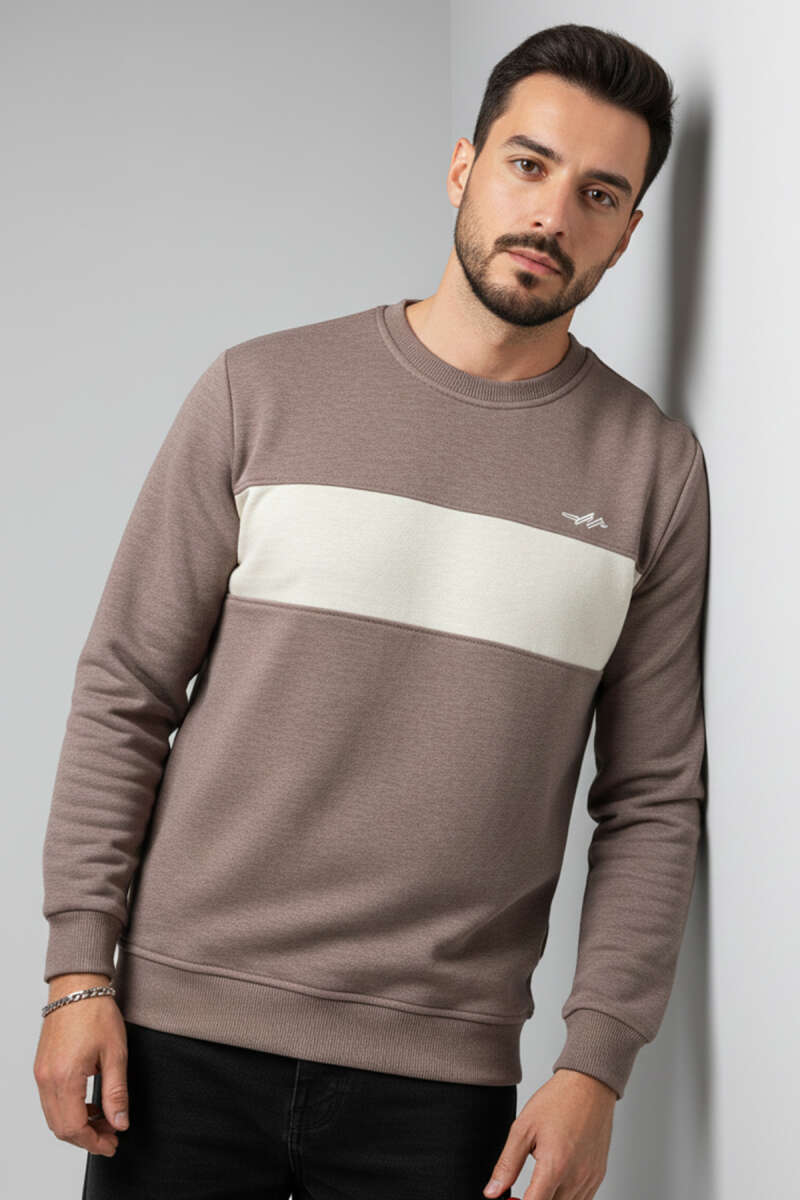 Blok Renkli Selanik Erkek Sweatshirt Vizon