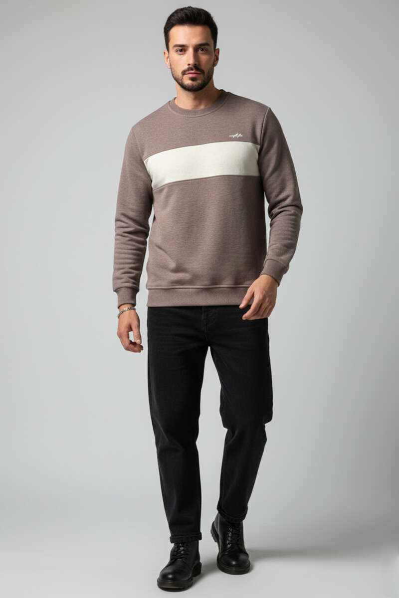 Blok Renkli Selanik Erkek Sweatshirt Vizon