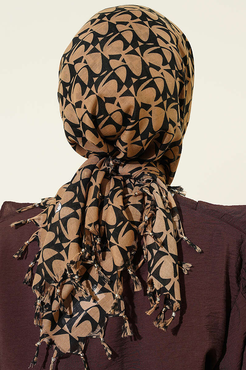 Boncuk Detaylı Desenli Eşarp