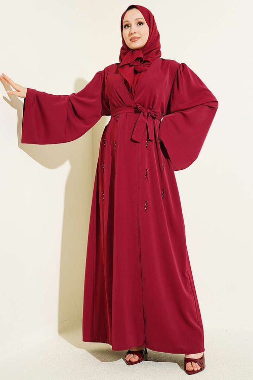 Boncuk İşlemeli Kuşaklı Abaya