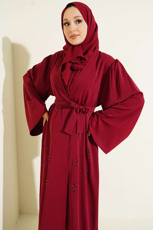 Boncuk İşlemeli Kuşaklı Abaya