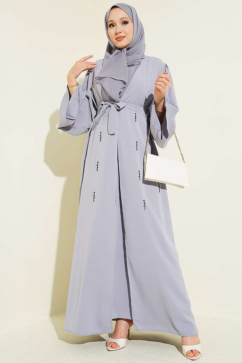 Boncuk İşlemeli Kuşaklı Abaya Gri