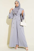 Boncuk İşlemeli Kuşaklı Abaya Gri