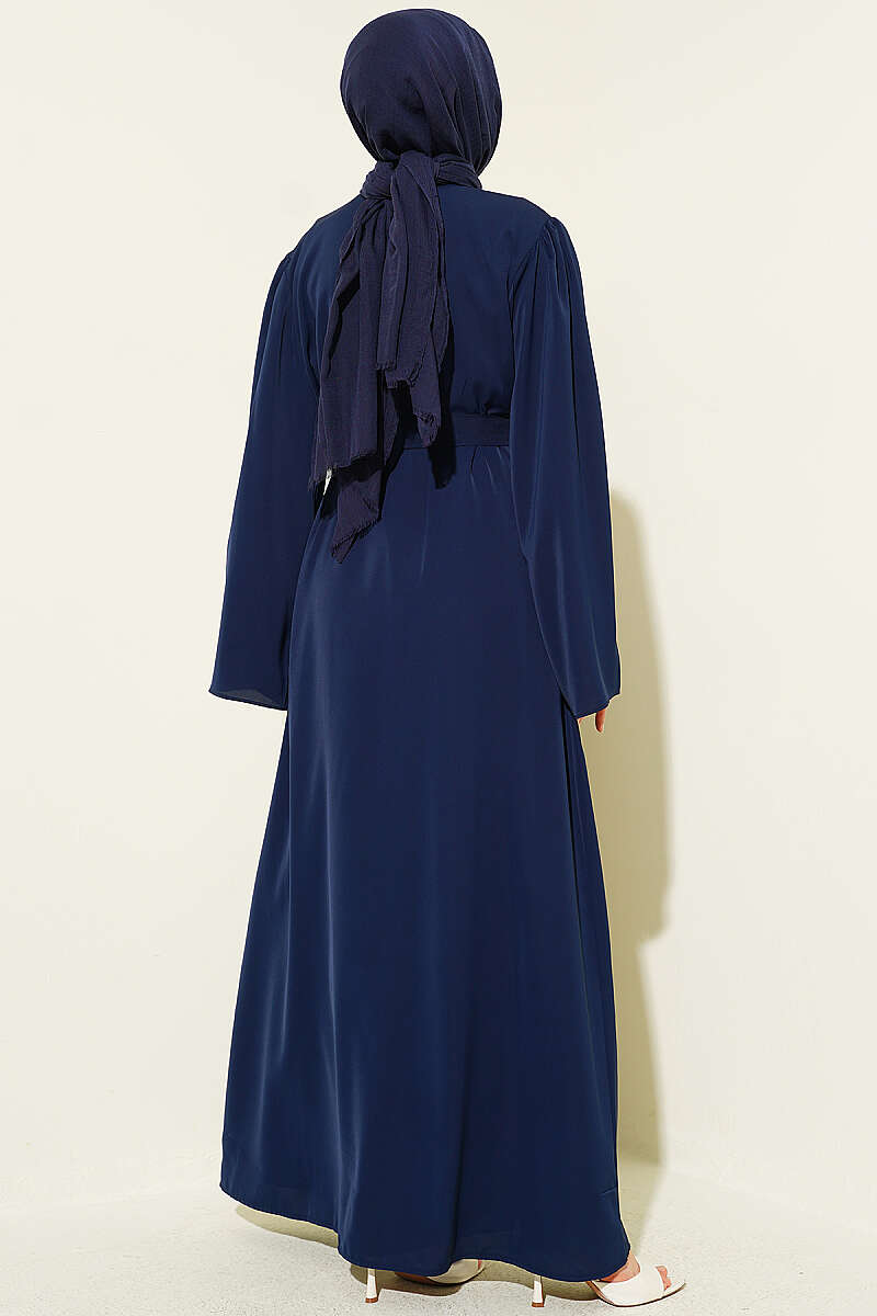 Boncuk İşlemeli Kuşaklı Abaya Lacivert