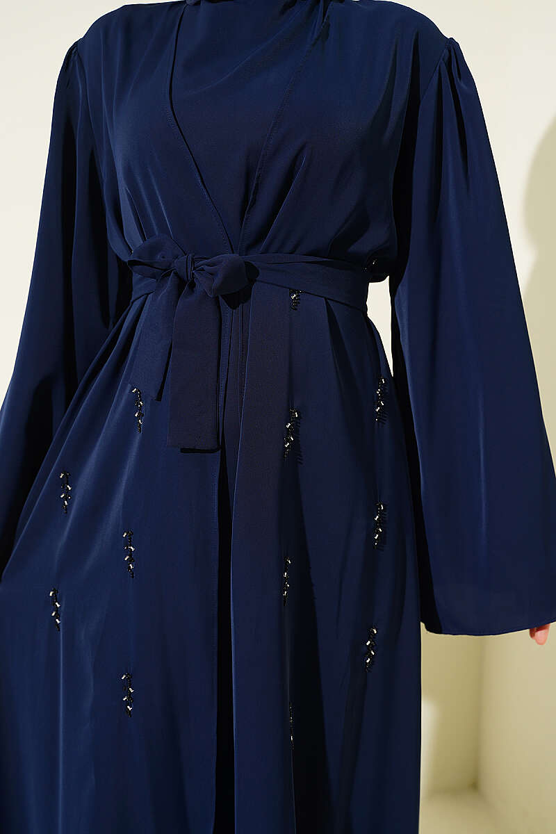 Boncuk İşlemeli Kuşaklı Abaya Lacivert