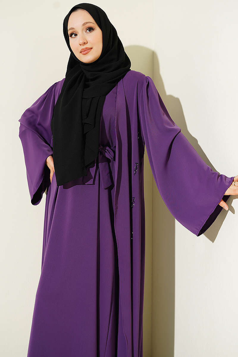Boncuk İşlemeli Kuşaklı Abaya