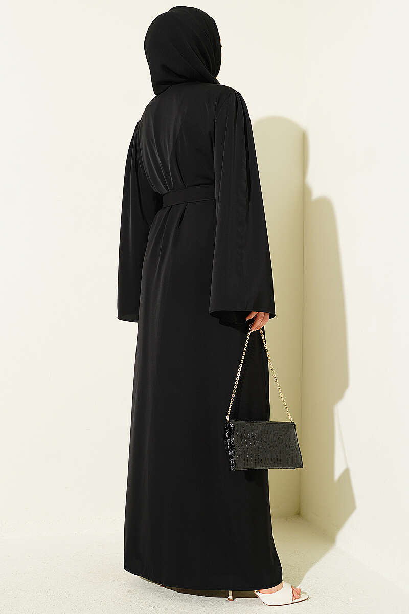 Boncuk İşlemeli Kuşaklı Abaya Siyah