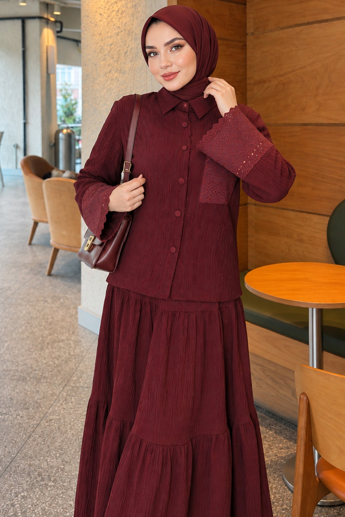 Crinkle Skirt Double Set with Pocket and Wrist Brodge