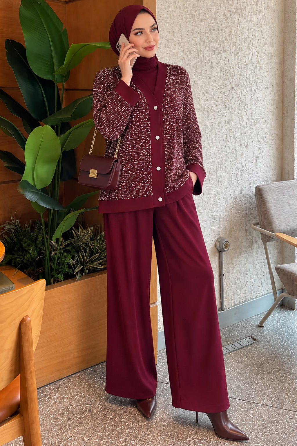 Buttoned Sequined Three-Piece Set Burgundy