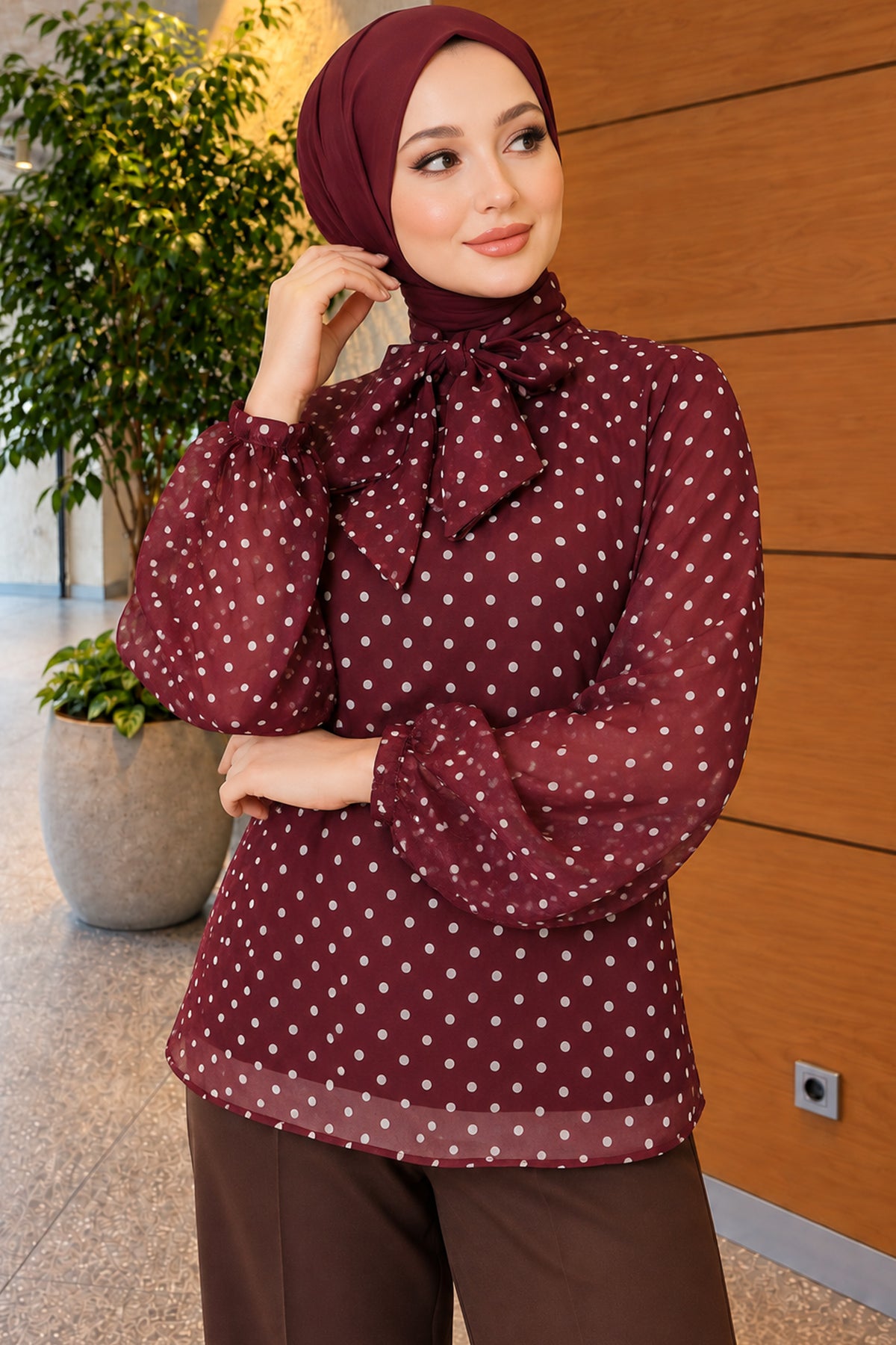 Chiffon Tunic with Polka Dot Collar Ties