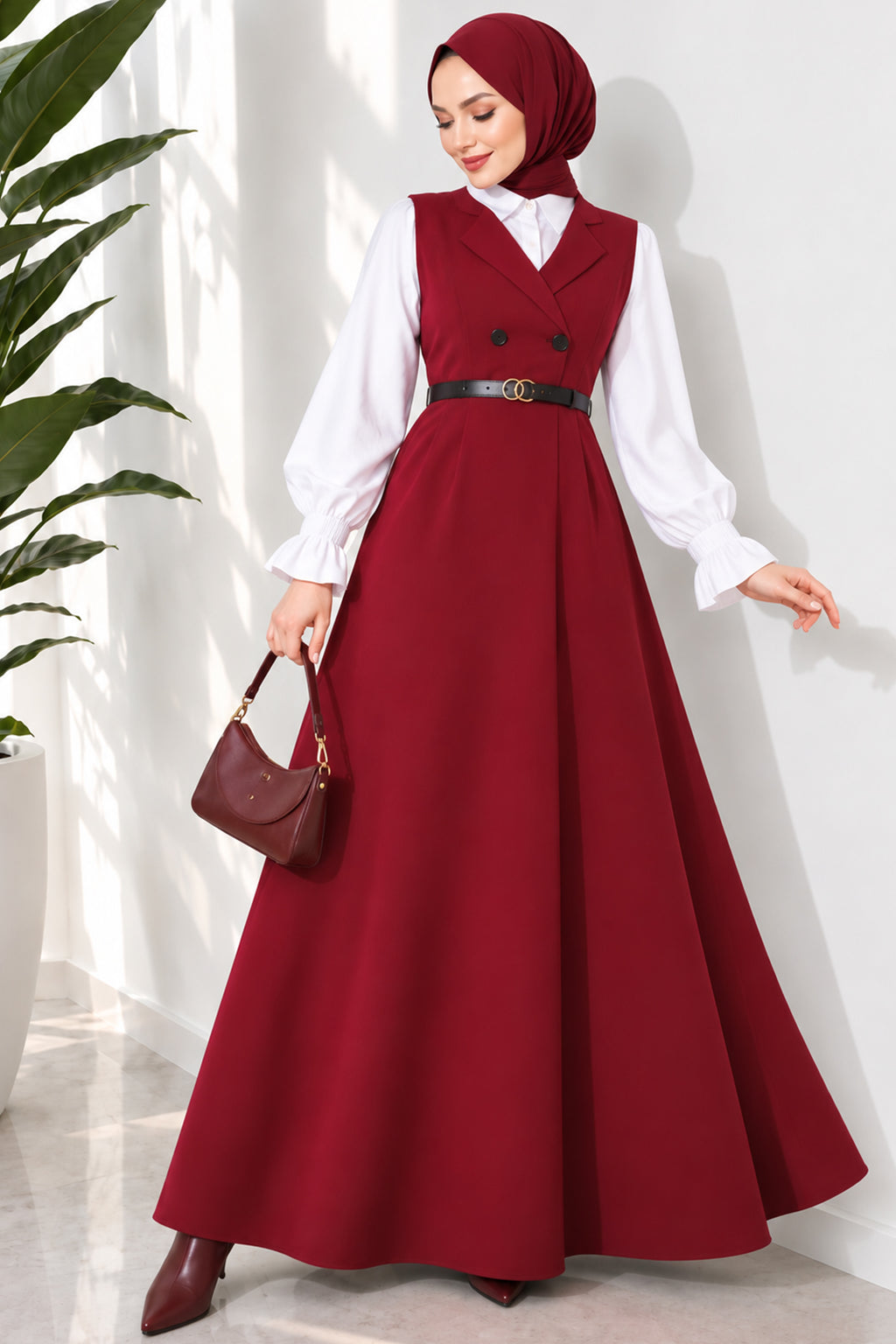 Vestido Jile con Cinturón y Cuello Cruzado Beige