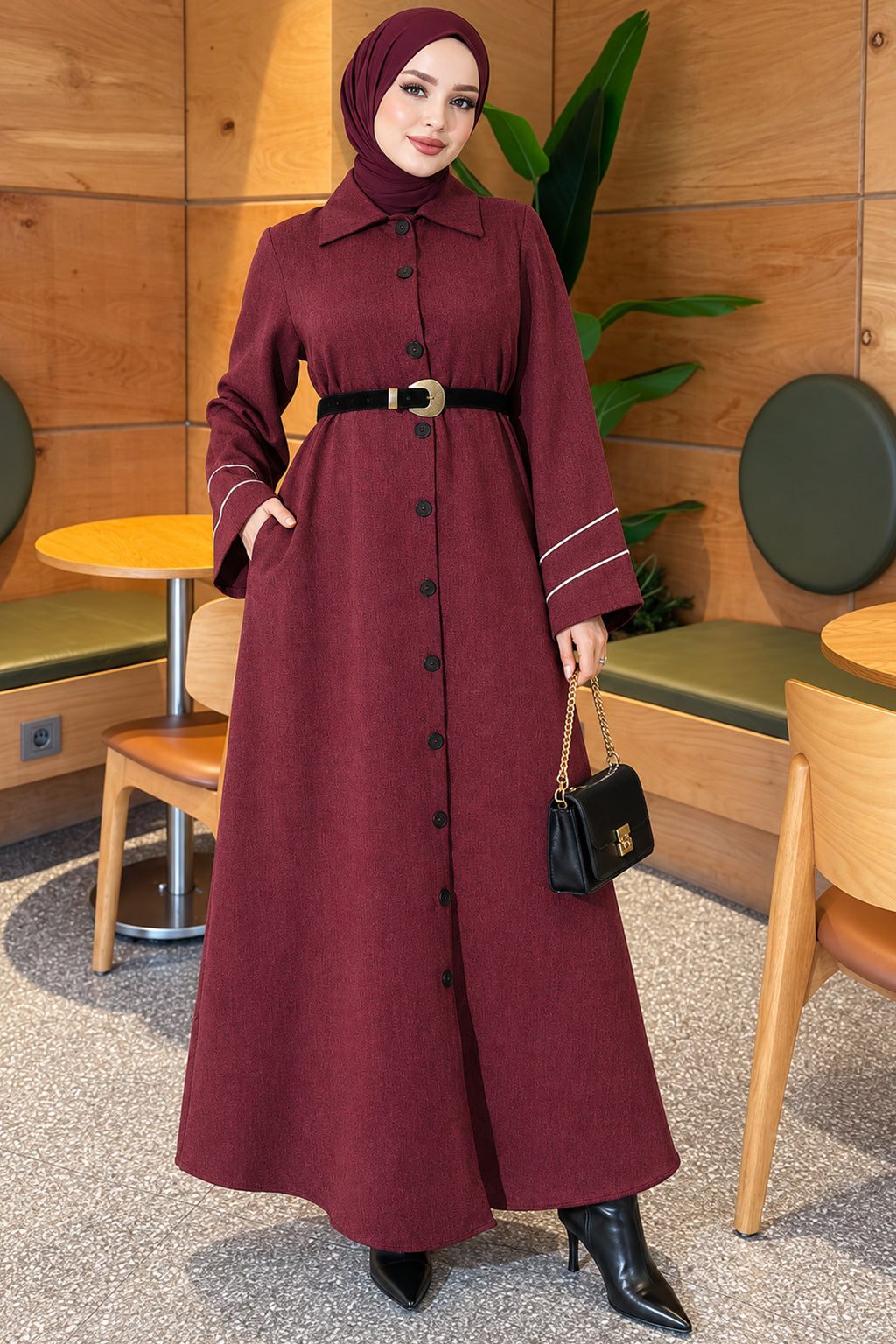 Full-Front Buttoned Abaya with Bias Trim on Sleeves Bordeaux