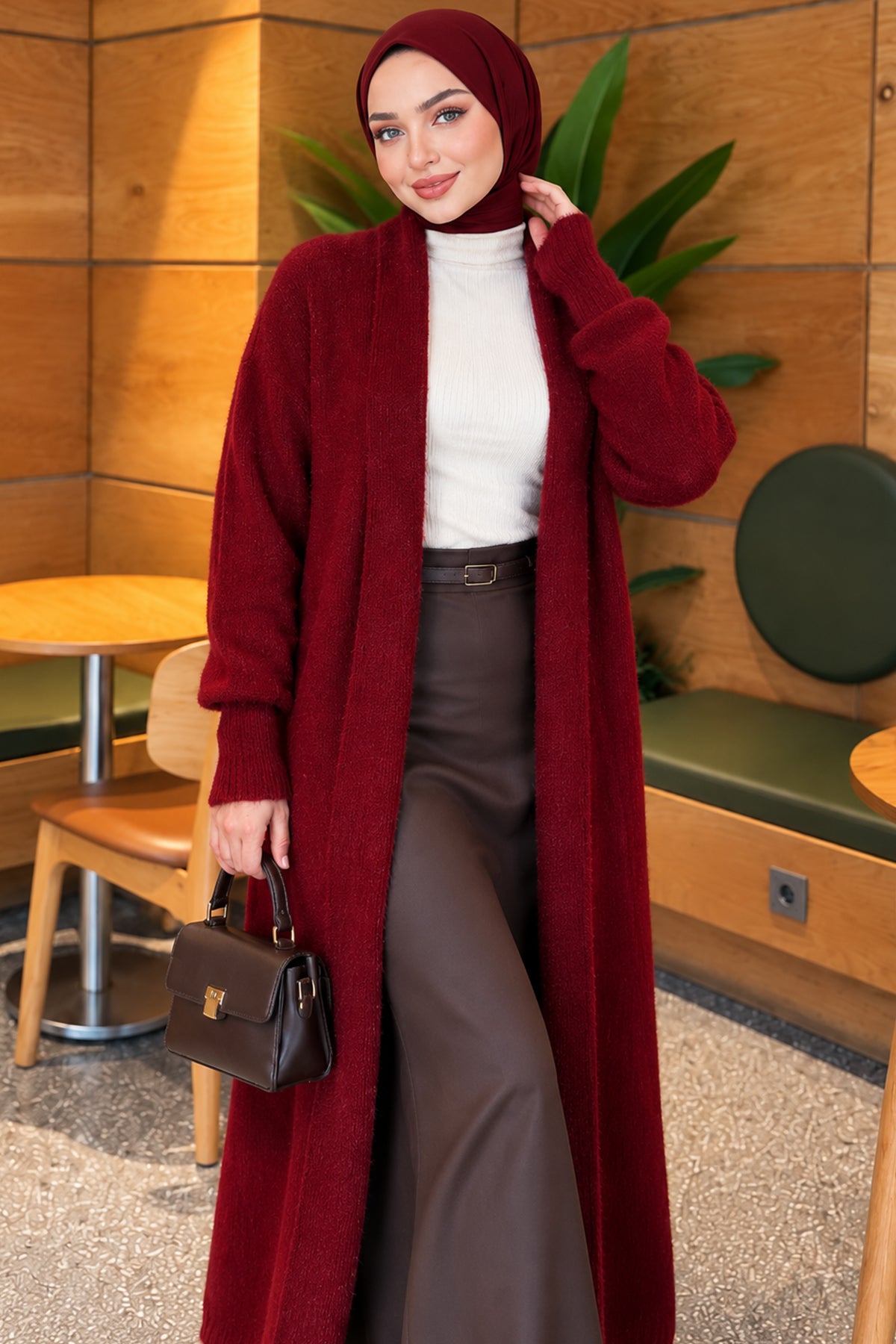 Shawl Collar Bearded Long Cardigan Burgundy