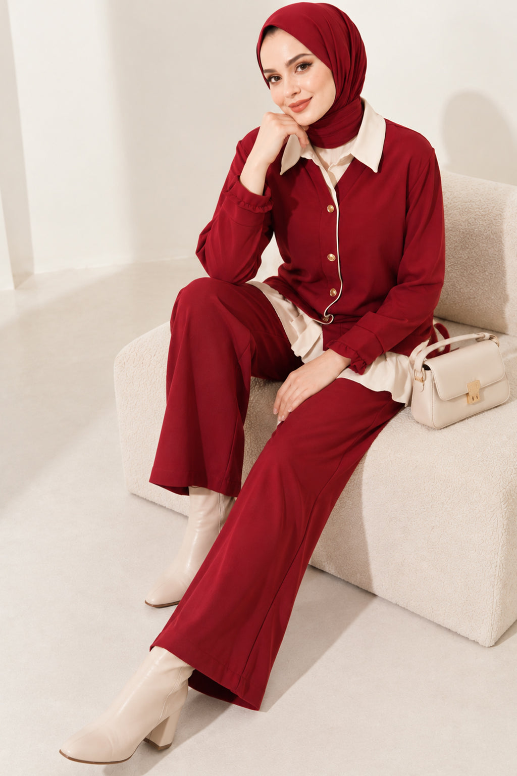 Pleated Detailed Gathered Two-Piece Set Beige