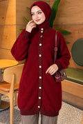 Baklava Patterned Buttoned Bearded Cardigan Burgundy