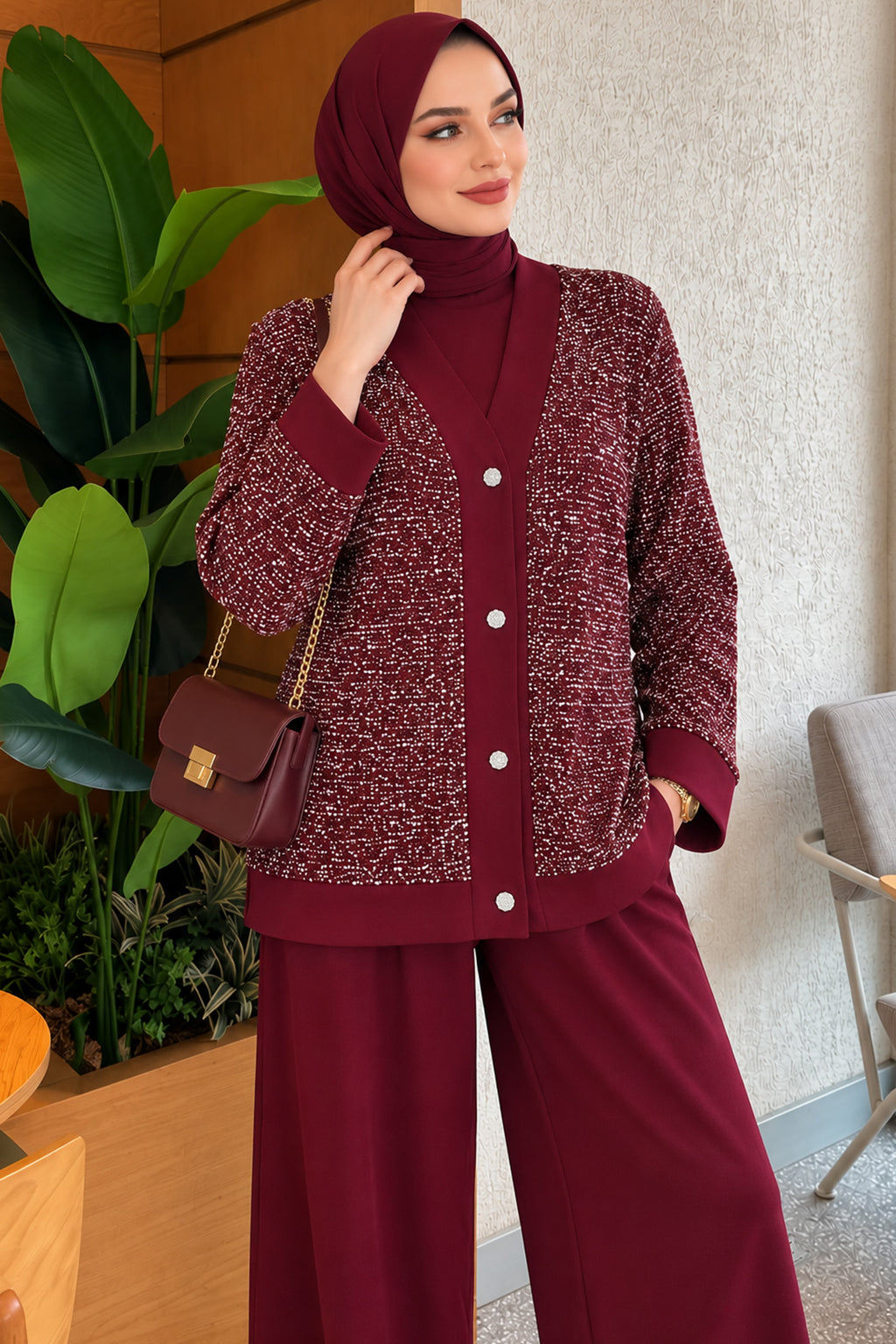 Buttoned Sequined Three-Piece Set Burgundy