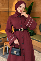 Full-Front Buttoned Abaya with Bias Trim on Sleeves Bordeaux