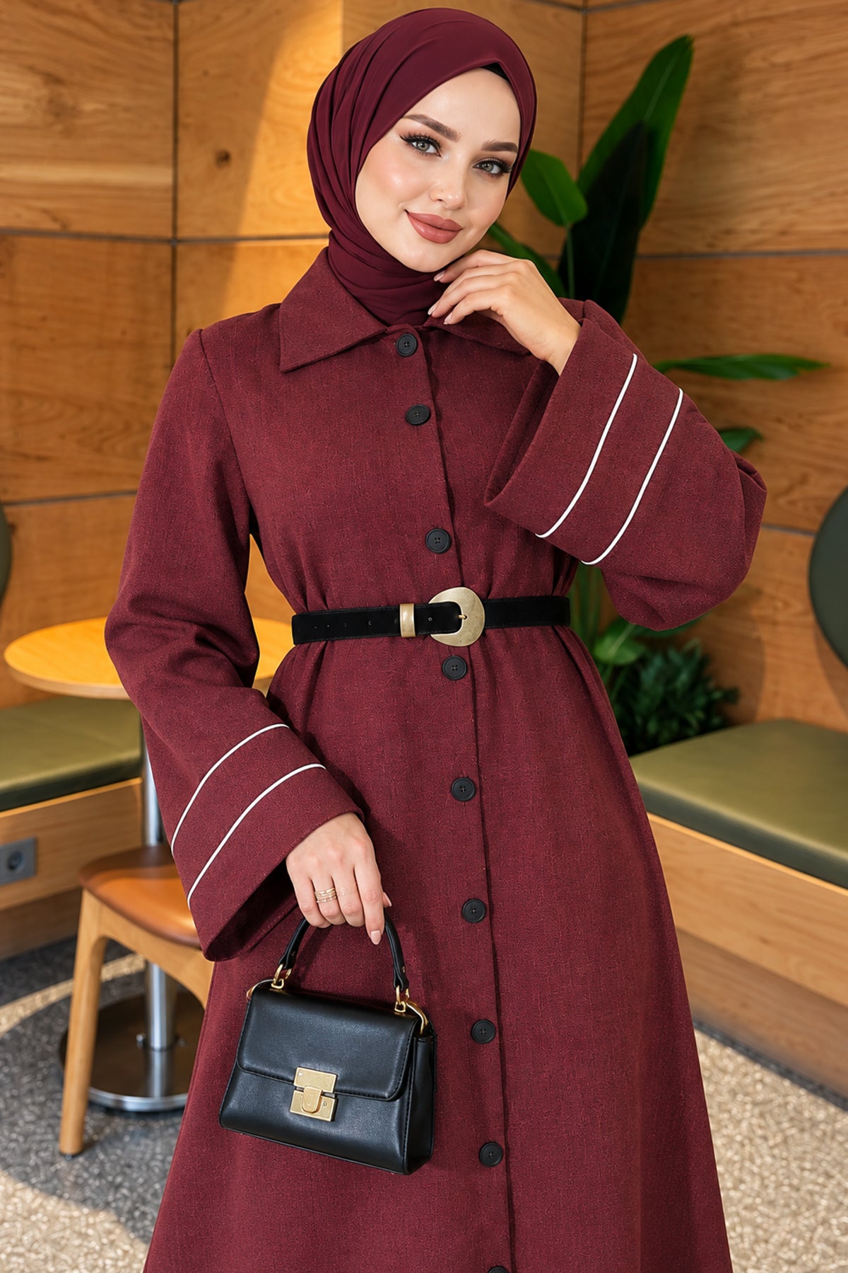 Full-Front Buttoned Abaya with Bias Trim on Sleeves Bordeaux