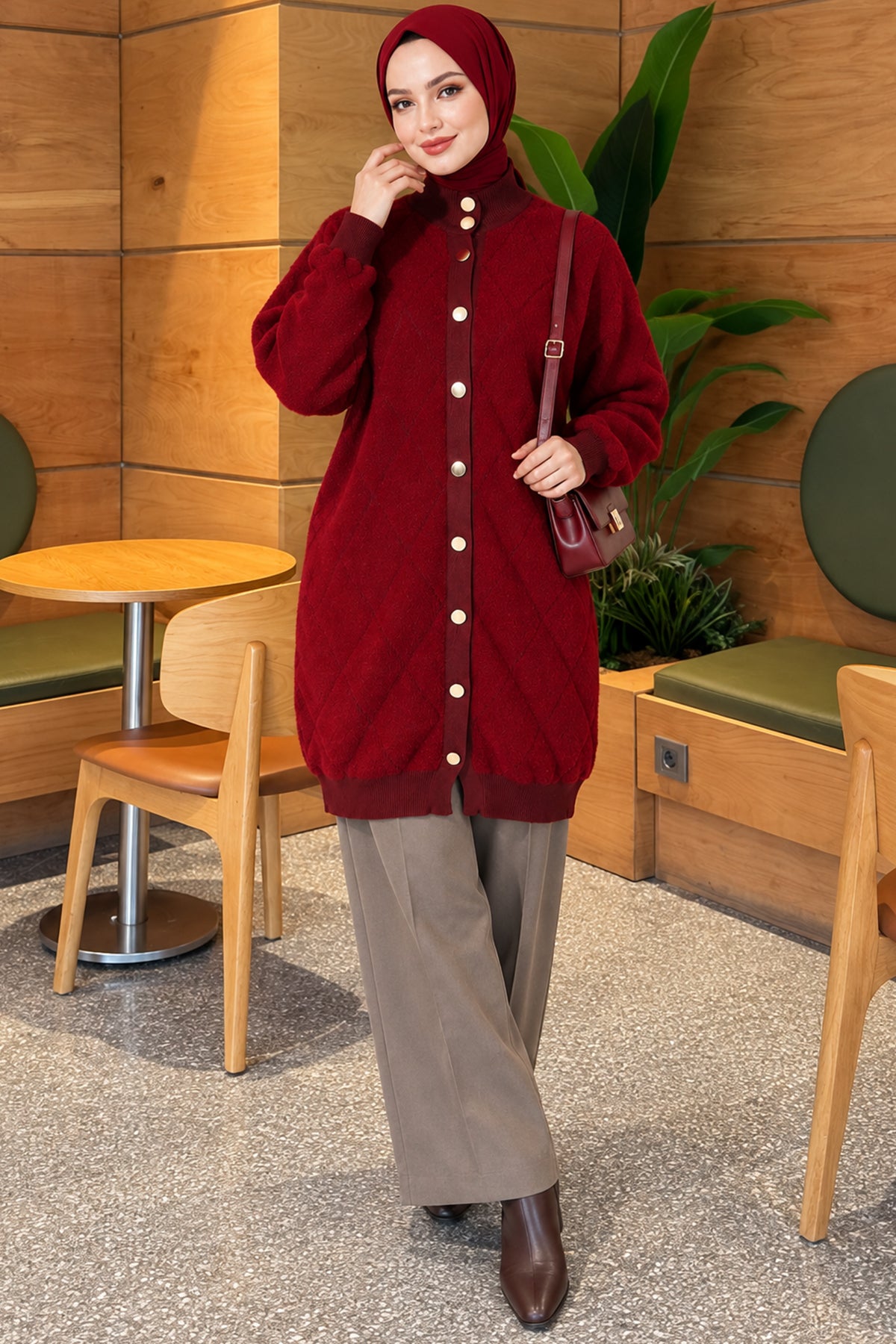 Baklava Patterned Buttoned Bearded Cardigan Burgundy
