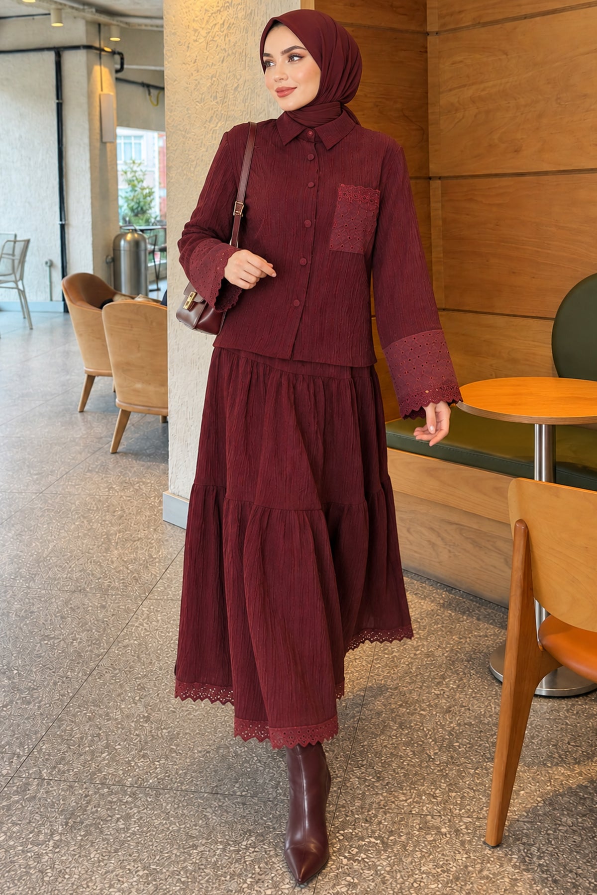 Crinkle Skirt Double Set with Pocket and Wrist Brodge
