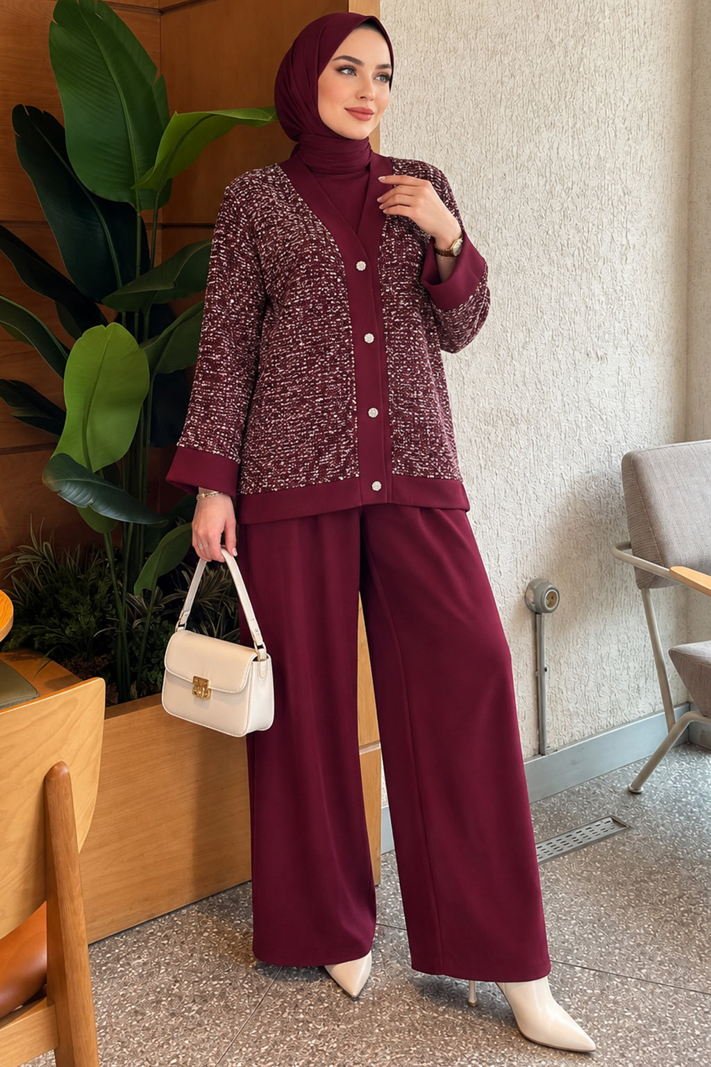 Buttoned Sequined Three-Piece Set Burgundy