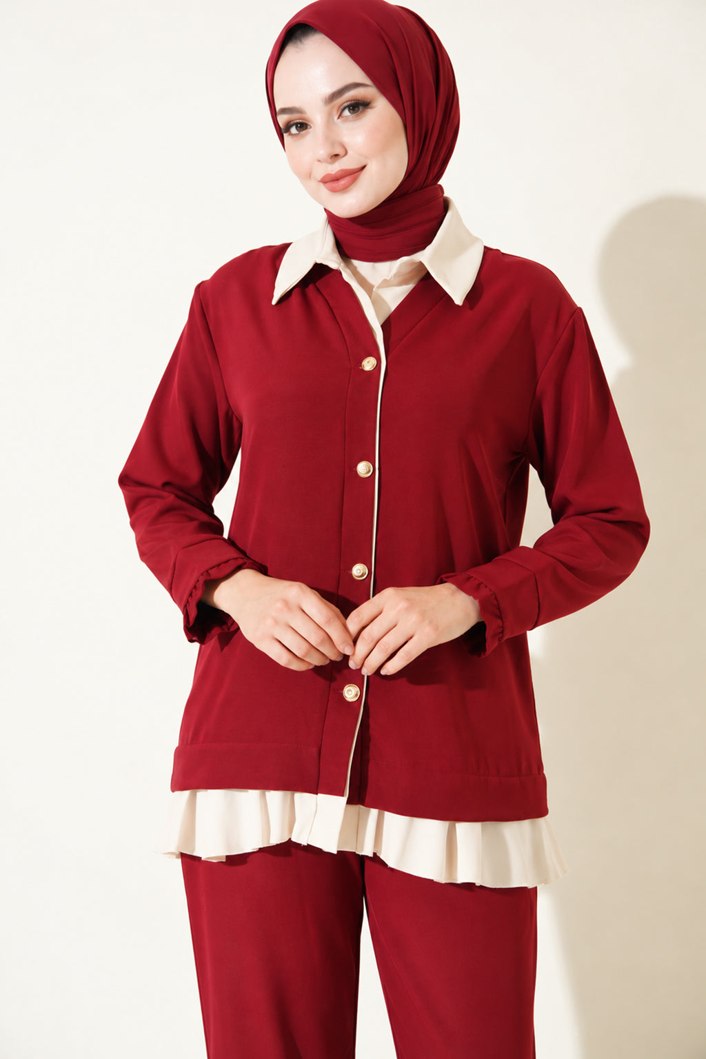Pleated Detailed Gathered Two-Piece Set Beige