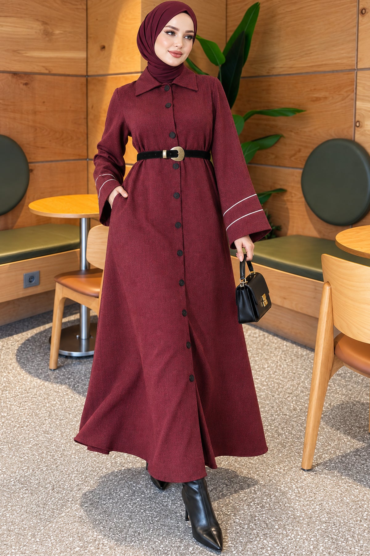 Full-Front Buttoned Abaya with Bias Trim on Sleeves Bordeaux