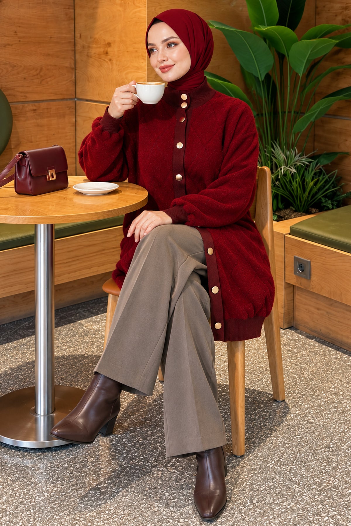 Baklava Patterned Buttoned Bearded Cardigan Burgundy