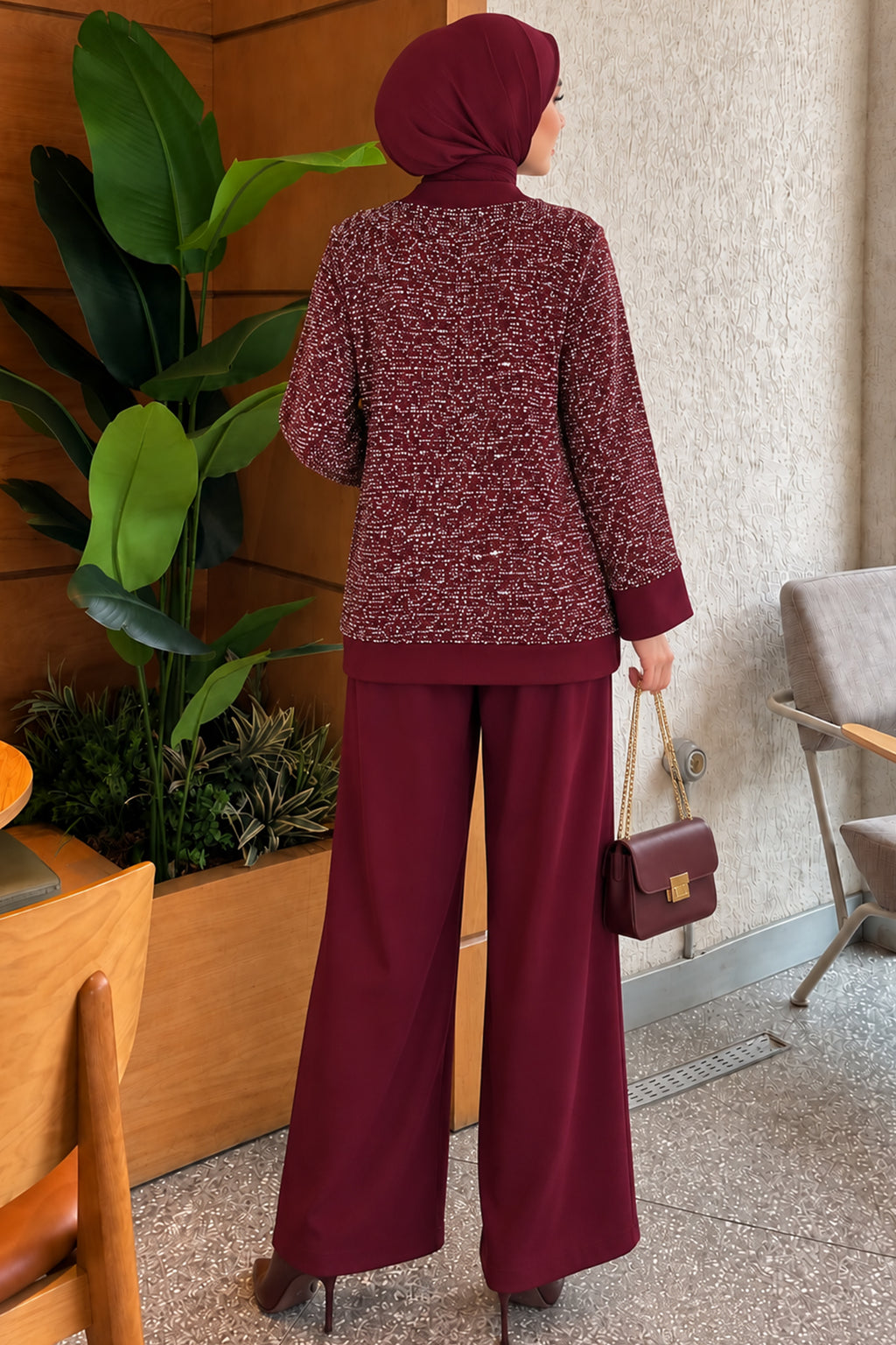 Buttoned Sequined Three-Piece Set Burgundy