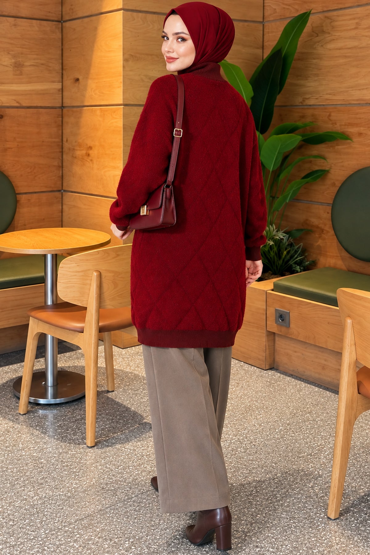 Baklava Patterned Buttoned Bearded Cardigan Burgundy