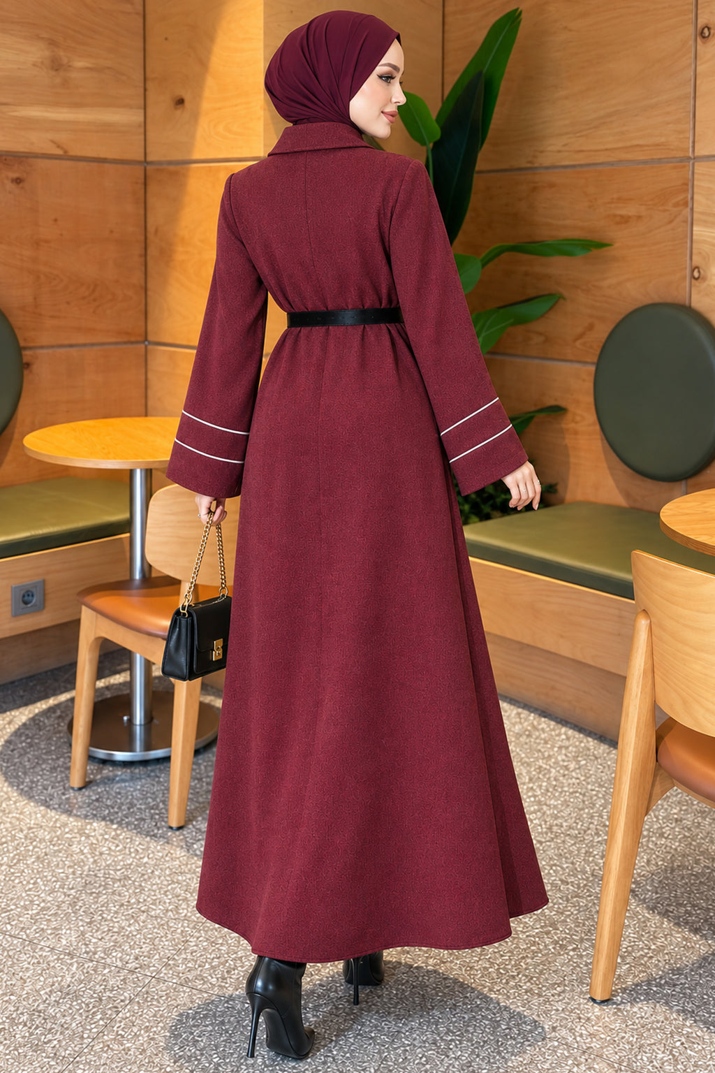 Full-Front Buttoned Abaya with Bias Trim on Sleeves Bordeaux
