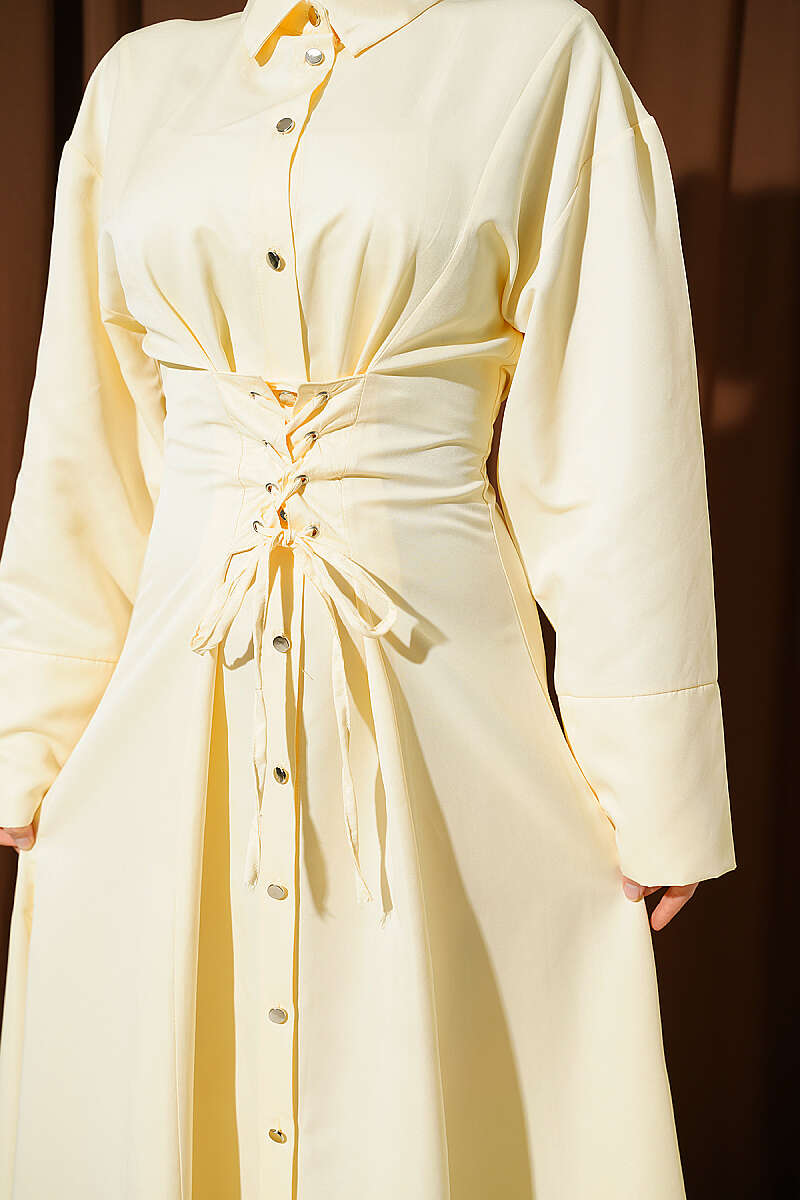 Boydan Düğmeli Korse Detaylı Elbise Sarı