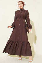 Boydan Düğmeli Nervürlü Elbise
