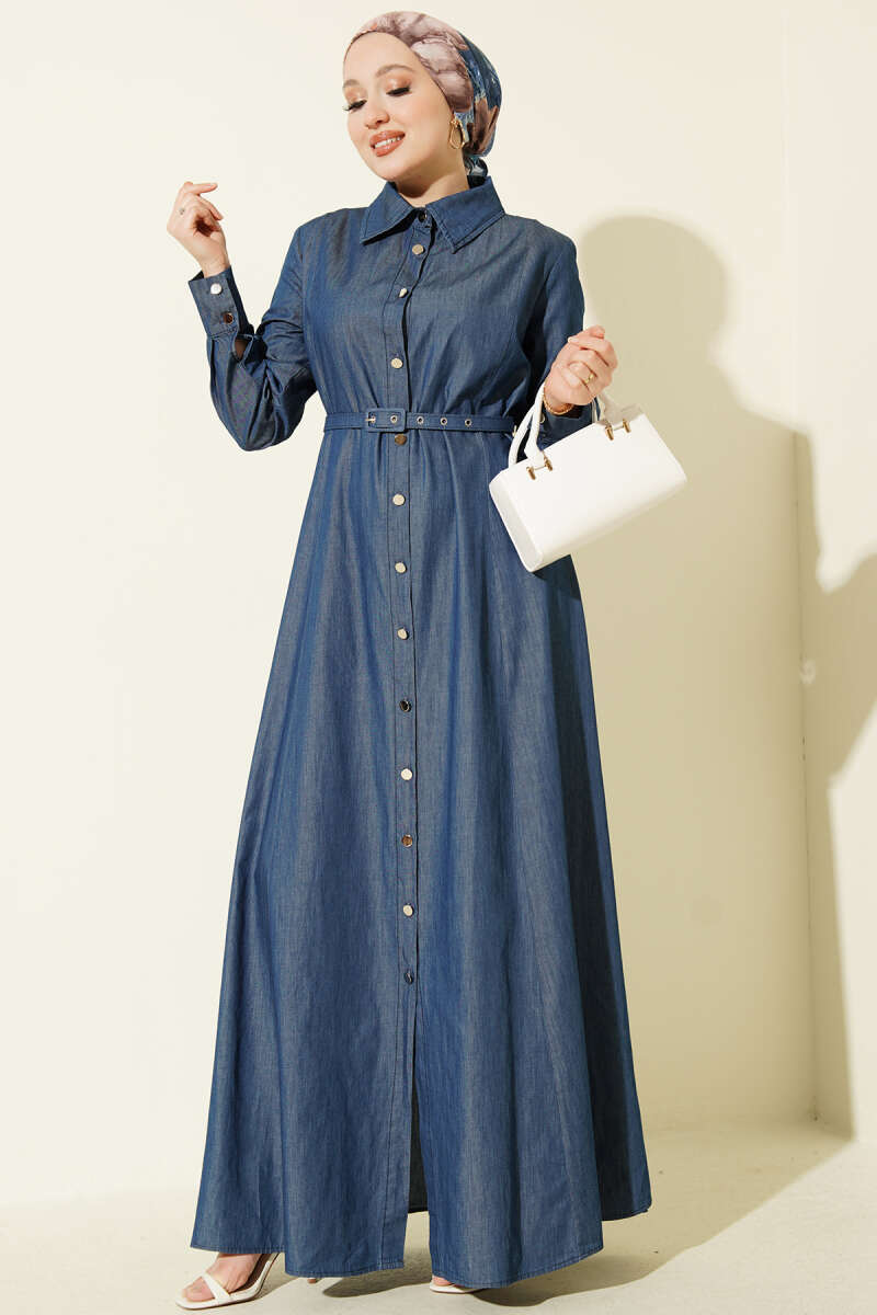 Boydan Metal Düğmeli Kemerli Kot Elbise Mavi