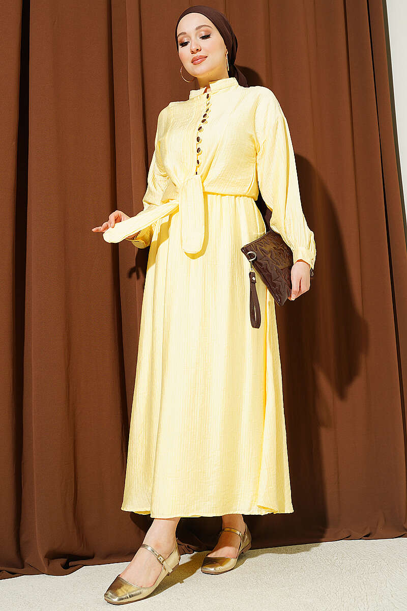 Brit Düğmeli İp Bağcıklı Etekli İkili Takım Sarı