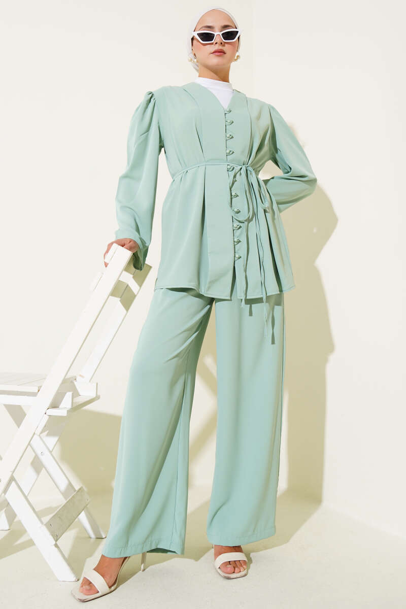 Brit Düğmeli İp Kuşaklı Tunik İkili Takım
