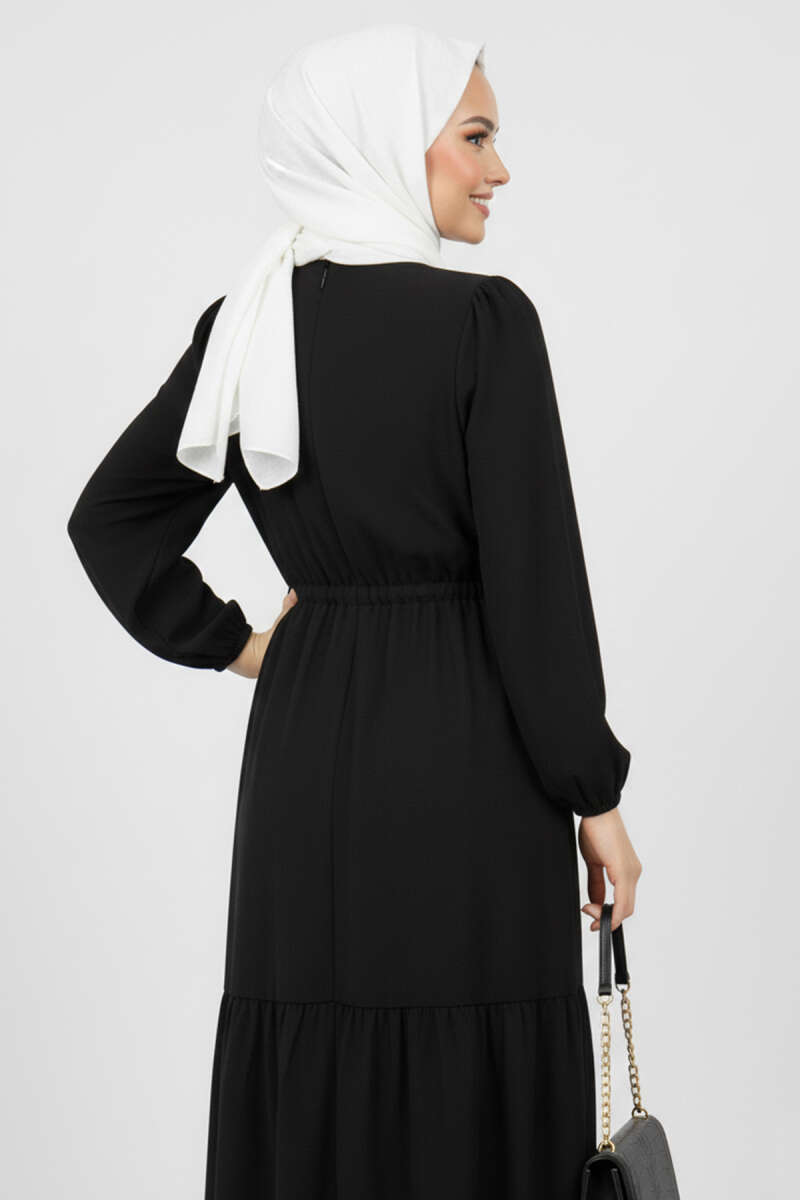 Brit Düğmeli Katlı Elbise Siyah