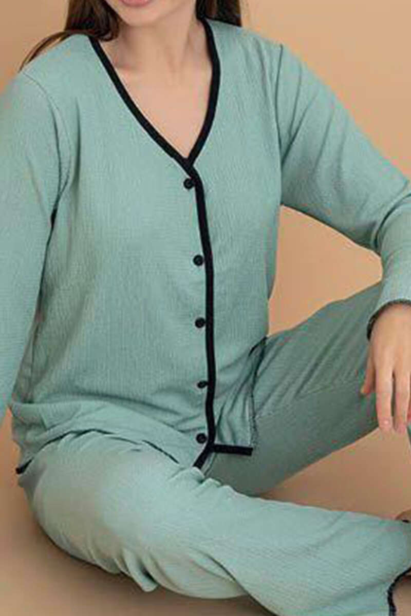 Bürümcük Düğmeli Pijama Takımı Çağla Yeşili