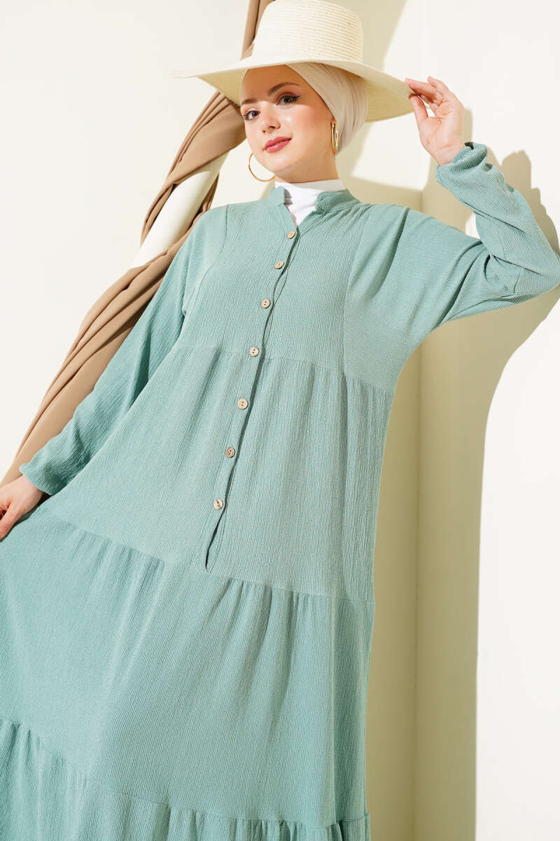 Bürümcük Önü Düğmeli Elbise Çağla Yeşili