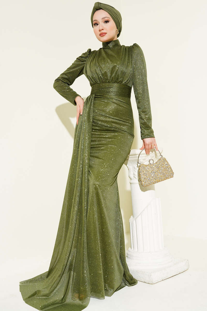Büzgü Detaylı Simli Abiye Elbise
