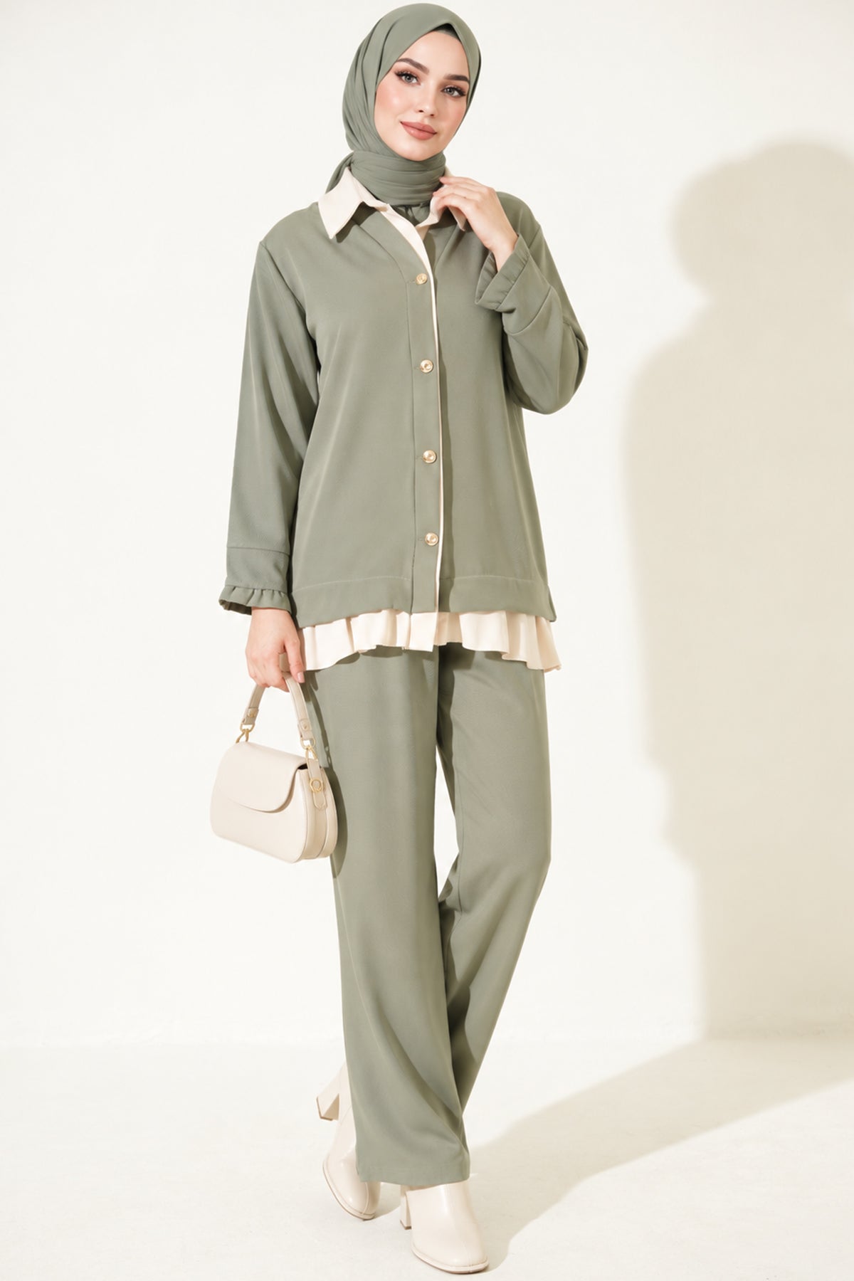 Pleated Detailed Gathered Two-Piece Set Beige